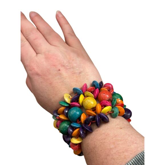 Colorful Wide Wooden Beaded Flower Bracelet - Picture 6 of 6